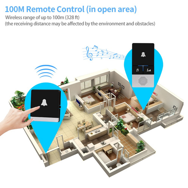 Pašbarojams bezvadu durvju zvans 433 MHz tālvadības pults durvju zvans bez akumulatora Mājas bezvadu durvju gredzens 1 2 raidītājs 1 2 uztvērējs