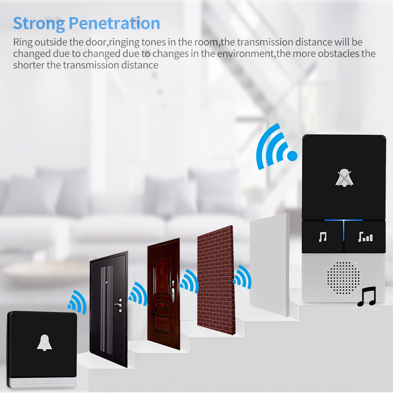 Pašbarojams bezvadu durvju zvans 433 MHz tālvadības pults durvju zvans bez akumulatora Mājas bezvadu durvju gredzens 1 2 raidītājs 1 2 uztvērējs