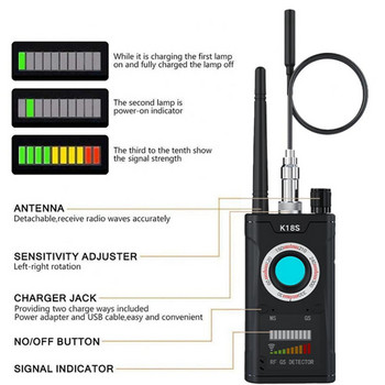 K18S Мултифункционален детектор за камера за заден ход GSM аудио търсач на грешки GPS сигнал RF Tracker Detect