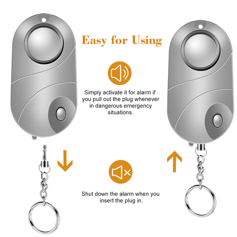 Personīgais trauksmes signāls 120-130 dB Droša skaņa Ārkārtas pašaizsardzības drošības signalizācija Atslēgu piekariņš LED lukturītis sievietēm, meitenēm, bērniem, vecākiem cilvēkiem