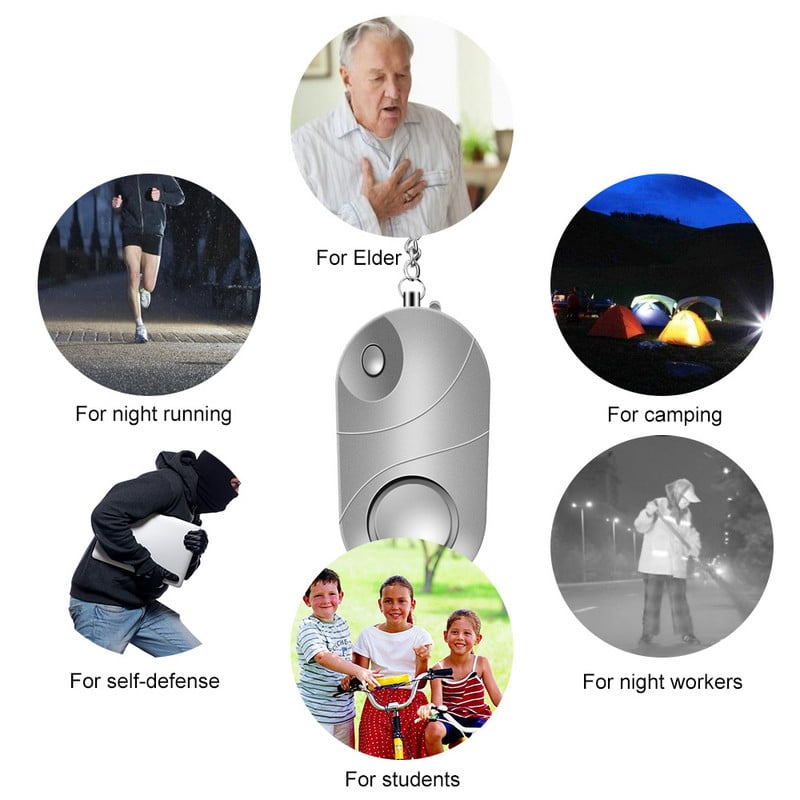 Personīgais trauksmes signāls 120-130 dB Droša skaņa Ārkārtas pašaizsardzības drošības signalizācija Atslēgu piekariņš LED lukturītis sievietēm, meitenēm, bērniem, vecākiem cilvēkiem