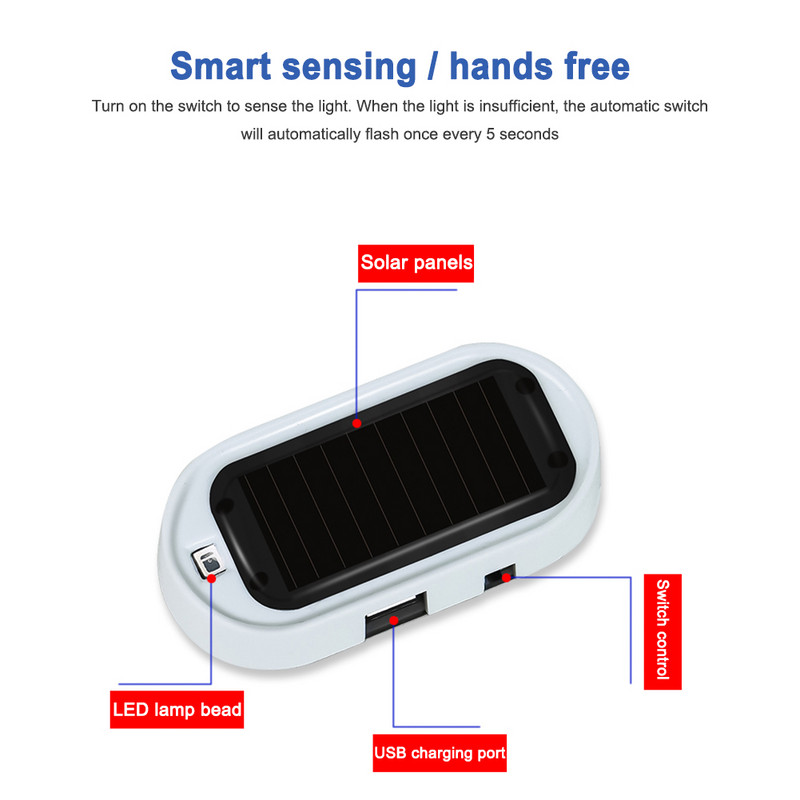 Universaalne päikeseenergia USB-toitega turvaauto LED-alarmvalgusti vargusvastane simuleeritud näiv hoiatusvälk, vilkuv hoiatuslamp