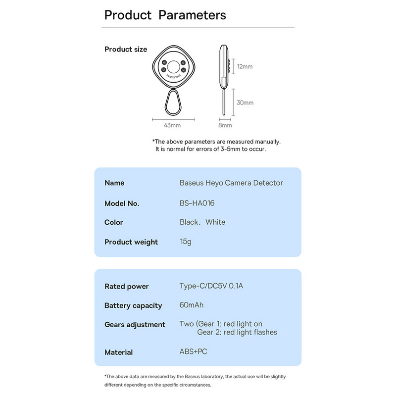 Detector de cameră Baseus portabil cu frânghie pentru agățat Camera anti-spion Protecție de securitate Ușoară reglabilă pentru baia publică