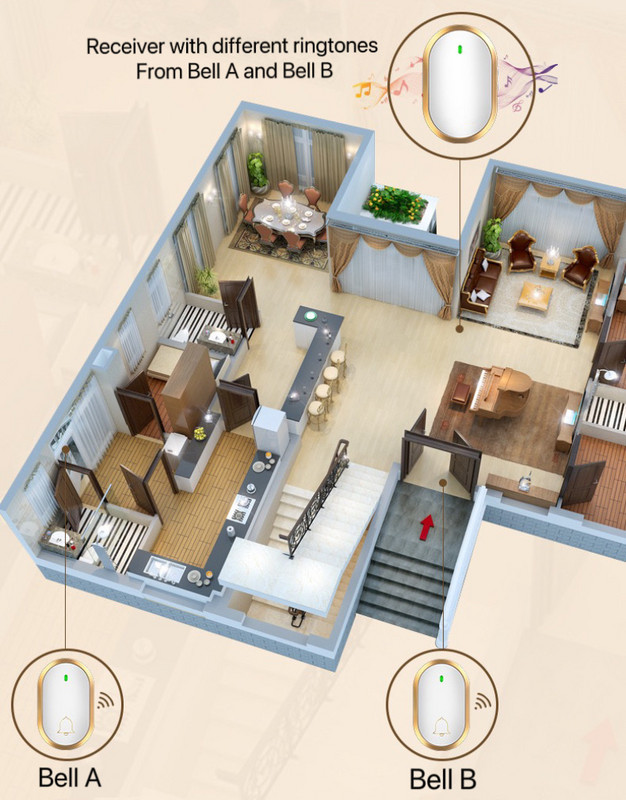 3+1 készlet többcsaládos vezeték nélküli ajtócsengő nagy házhoz, villához Vízálló távirányító Idős hívó Otthon Üdvözlő ajtócsengő