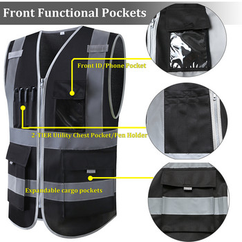 SFvest Защитна светлоотразителна жилетка строителна жилетка защитно облекло работна жилетка черна жилетка с няколко джоба
