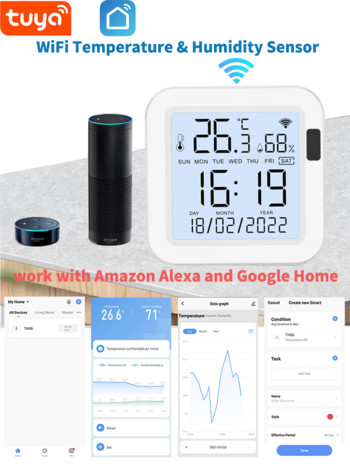 Tuya Έξυπνος αισθητήρας θερμοκρασίας και υγρασίας WiFi με οπίσθιο φωτισμό για Smart Home var SmartLife Εργασία με Alexa Google Assistant
