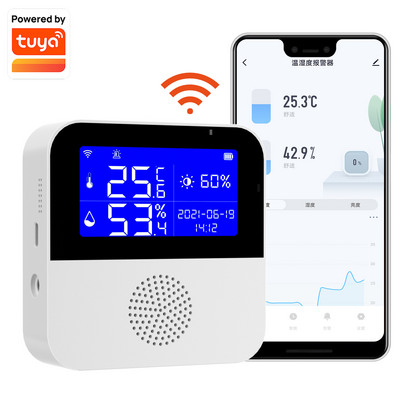 Tuya Smart WIFI temperatuuri- ja niiskusandur koos taustvalgustuse LCD-ekraaniga sisetermomeetri hügromeetrimõõturi tugi Alexa