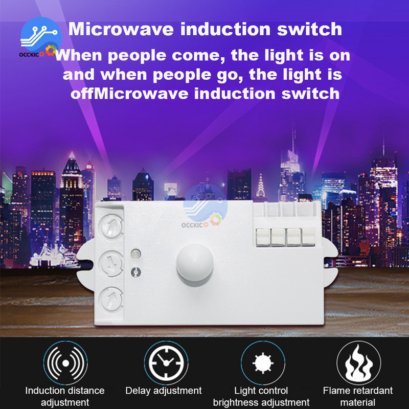 AC 85-250V mikrohullámú radarérzékelő kapcsoló 5,8G állítható beágyazott testmozgásérzékelő fénykapcsoló folyosó érzékelőhöz