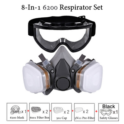 8-In-1 6300/6200 putekļu gāzes maska ar aizsargbrillēm ar pusi sejas gāzes respirators krāsošanai Izsmidzināšana pulēšana Darba drošība