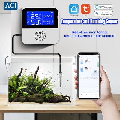 ACJ Smart Tuya WIFI temperatuuri niiskusanduri LCD-ekraan siseruumides kodu taimede kasvu jaoks ülitäpne koos veetemperatuuri joonega