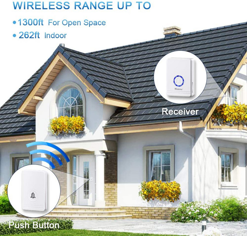 Viedais bezvadu regulējama skaļuma durvju zvans ir aprīkots ar 48 dziesmām, ūdensnecaurlaidīgs pieskāriena tipa sveiciena durvju zvans, 400 metru tālvadības uztvērējs