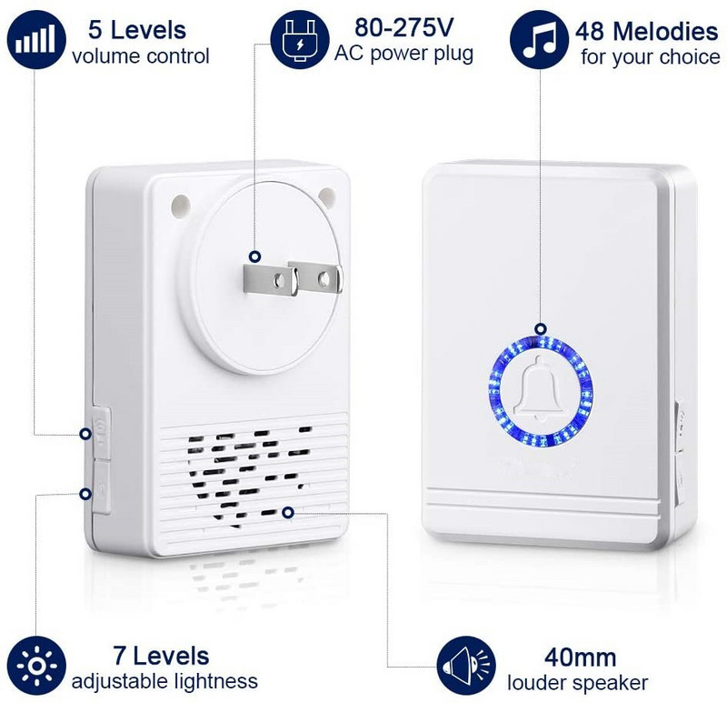 Viedais bezvadu regulējama skaļuma durvju zvans ir aprīkots ar 48 dziesmām, ūdensnecaurlaidīgs pieskāriena tipa sveiciena durvju zvans, 400 metru tālvadības uztvērējs