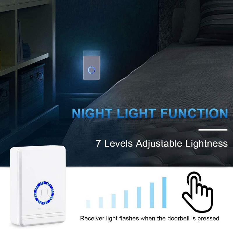 Viedais bezvadu regulējama skaļuma durvju zvans ir aprīkots ar 48 dziesmām, ūdensnecaurlaidīgs pieskāriena tipa sveiciena durvju zvans, 400 metru tālvadības uztvērējs