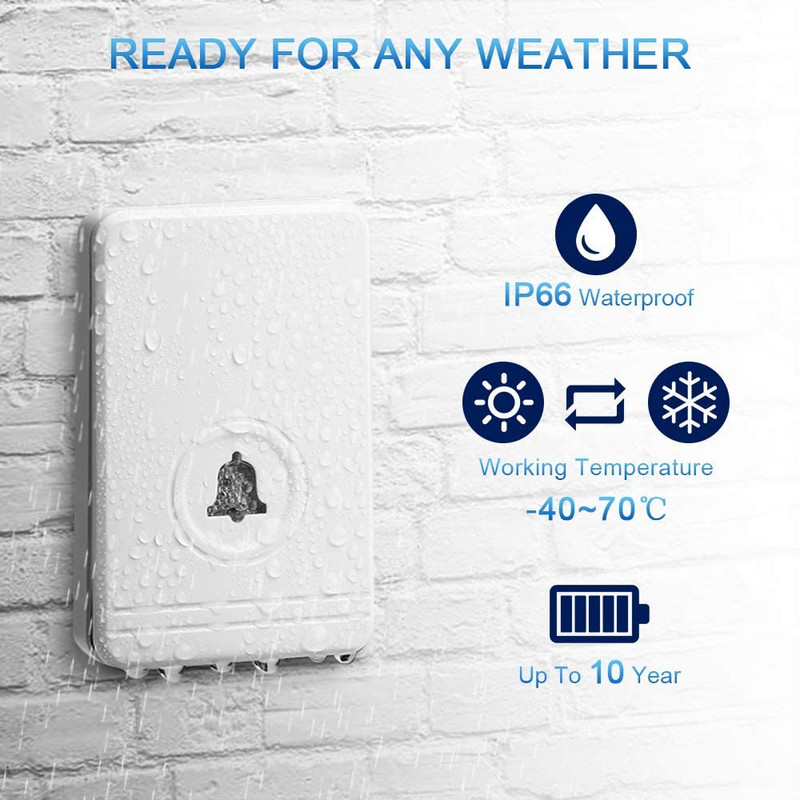 Viedais bezvadu regulējama skaļuma durvju zvans ir aprīkots ar 48 dziesmām, ūdensnecaurlaidīgs pieskāriena tipa sveiciena durvju zvans, 400 metru tālvadības uztvērējs