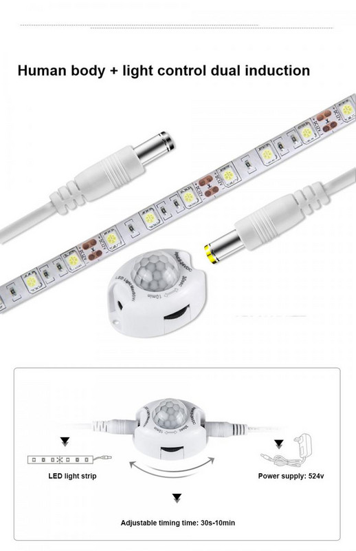 Judesio jutiklis LED juostelės šviesos modulis juostos judesio jutiklis DC 5V 24V šviesos jungiklis, judesio detektorius, aktyvuotas laikmatis, automatinis PIR