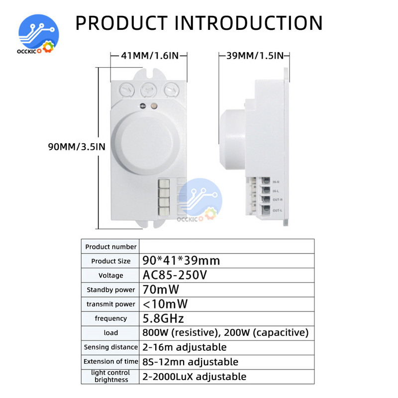 5,8 GHz-es mikrohullámú radar érzékelő kapcsoló AC85-250 V DIP kapcsoló/ gombos kapcsoló a beállításhoz