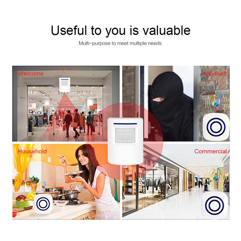 Tenky bezvadu Huamn korpusa sensors augstas precizitātes skaļruņi digitālais durvju zvans ar 1 raidītāju, inteliģenti infrasarkano staru trauksmes detektori