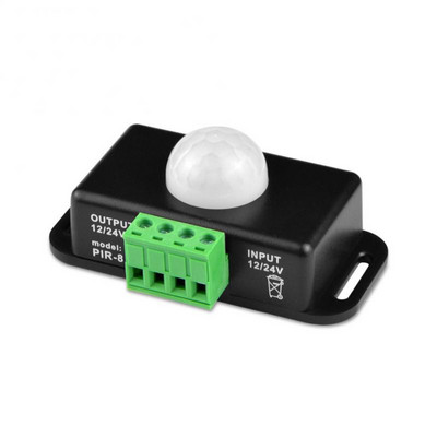 DC 12V 24V kūno infraraudonųjų spindulių PIR jungiklis Judesio jutiklis Žmogaus judesio jutiklis detektorius LED juostelės šviesos lempos jungiklis Automatinis baltas/juodas