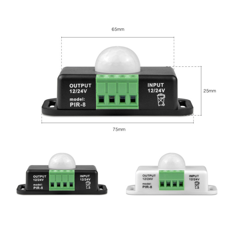 DC 12V 24V kūno infraraudonųjų spindulių PIR jungiklis Judesio jutiklis Žmogaus judesio jutiklis detektorius LED juostelės šviesos lempos jungiklis Automatinis baltas/juodas