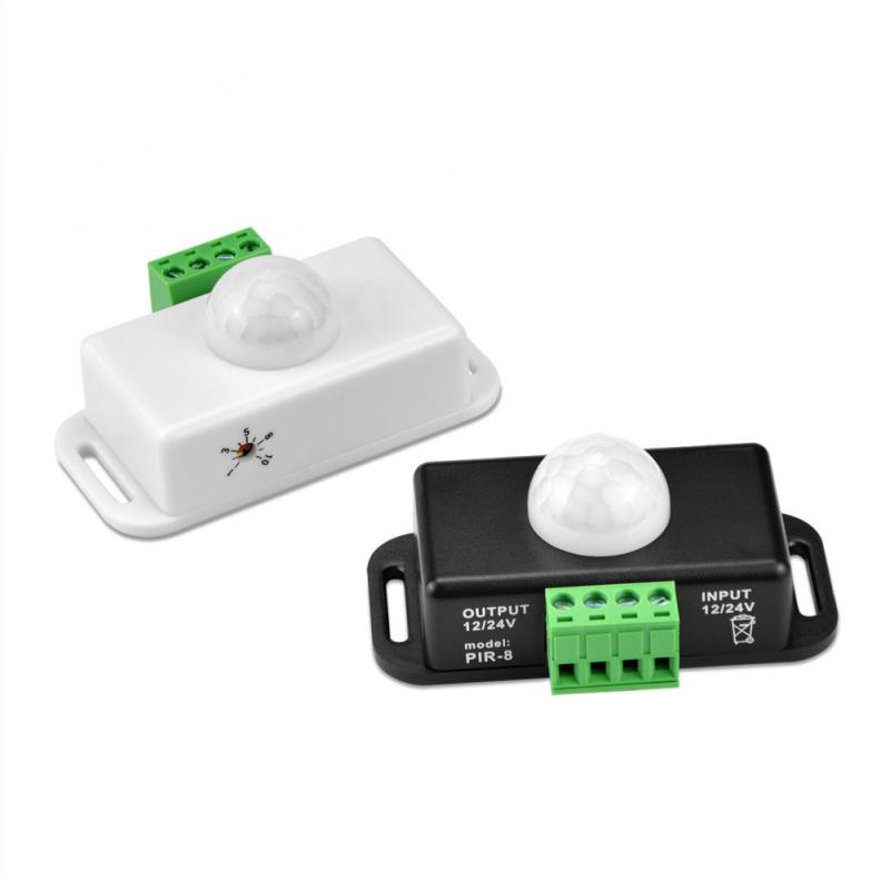DC 12V 24V kūno infraraudonųjų spindulių PIR jungiklis Judesio jutiklis Žmogaus judesio jutiklis detektorius LED juostelės šviesos lempos jungiklis Automatinis baltas/juodas
