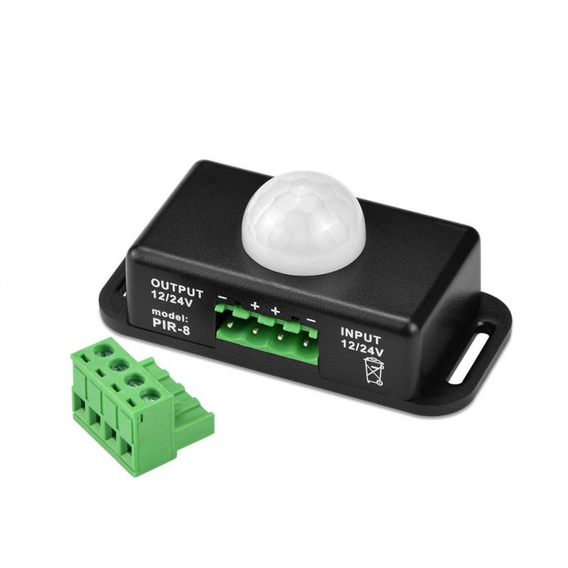 DC 12V 24V kūno infraraudonųjų spindulių PIR jungiklis Judesio jutiklis Žmogaus judesio jutiklis detektorius LED juostelės šviesos lempos jungiklis Automatinis baltas/juodas