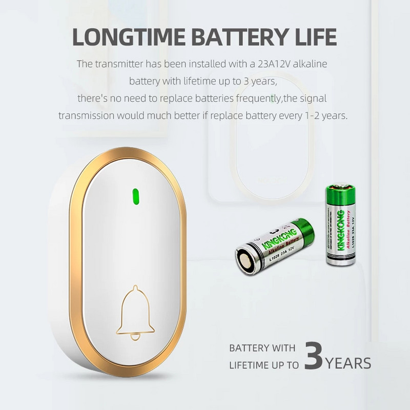 Bezvadu ūdensnecaurlaidīgs durvju zvans 300 m diapazonā ASV ES UK AU kontaktdakša mājas inteliģentais durvju zvana zvans