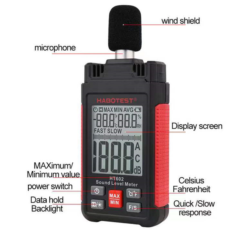 HABOTEST HT602A/HT602B digitális hangszint mérő páratartalom hőmérséklet mérő professzionális hangsugárzó zajmérő
