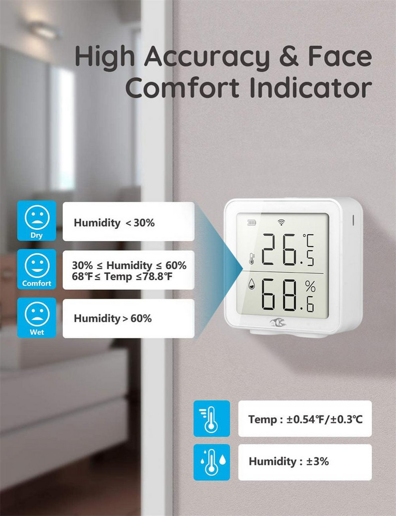 Tenky Wifi Θερμοκρασία & Υγρασία Αισθητήρας Ρυθμιζόμενος πολλαπλές λειτουργίες θερμοκρασίας Ανιχνευτής καιρού Λειτουργεί με Alexa/Google Assistant