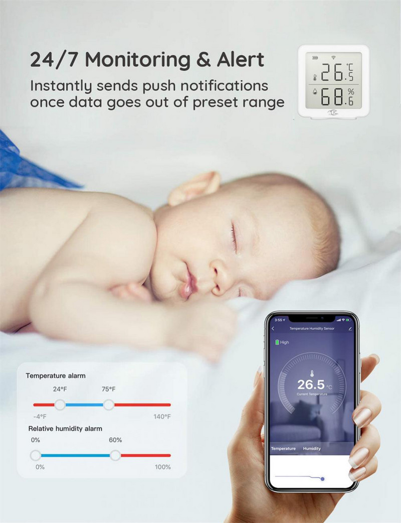 Tenky Wifi Θερμοκρασία & Υγρασία Αισθητήρας Ρυθμιζόμενος πολλαπλές λειτουργίες θερμοκρασίας Ανιχνευτής καιρού Λειτουργεί με Alexa/Google Assistant