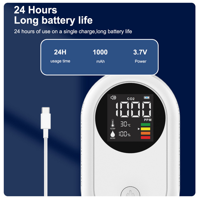 3 vienā gaisa kvalitātes monitors Mini CO2 mērītāja temperatūras mitruma sensors pārnēsājams detektors ar uzlādējamu LCD displeju