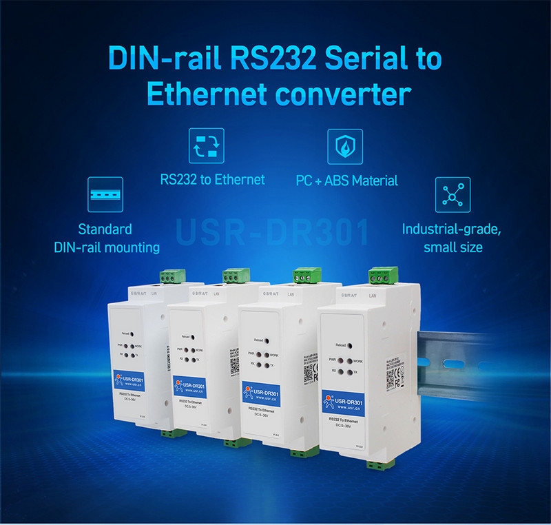 USR-DR301 Convertor RS232 pe șină DIN Serial la Ethernet Dimensiune mică RS232 Ethernet Serial Device Server acceptă Websocket