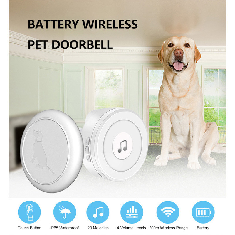 Aukštos klasės IP65 jutiklinis mygtukas belaidis durų skambutis 200 M tolimojo atstumo baterijomis veikiantis naminių šunų garso durų skambutis su kištukiniu varpeliu
