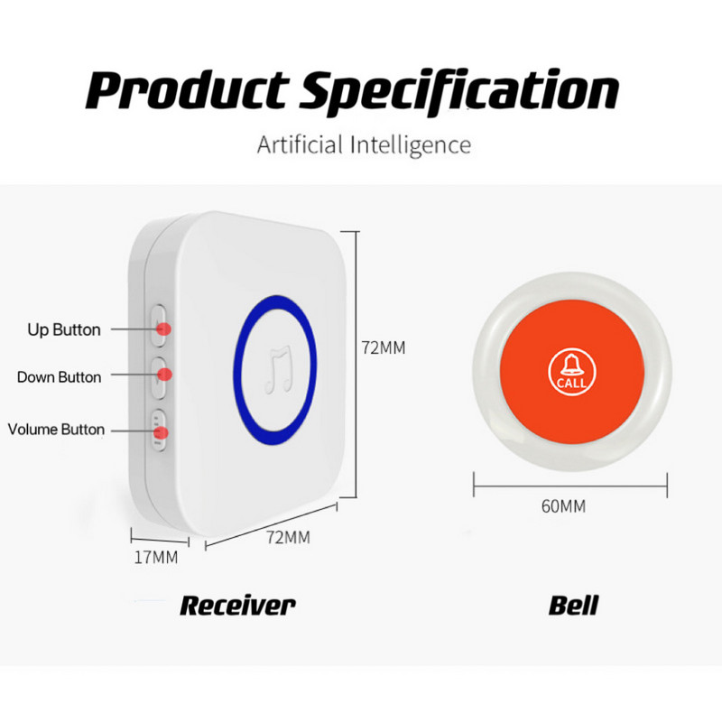 CE nuotolinio valdymo pultelis pagyvenusiems žmonėms belaidžiai slaugyti durų skambučio rinkiniai, atsparūs vandeniui pagyvenusiems vaikams, priežiūros varpeliams, apsaugantiems