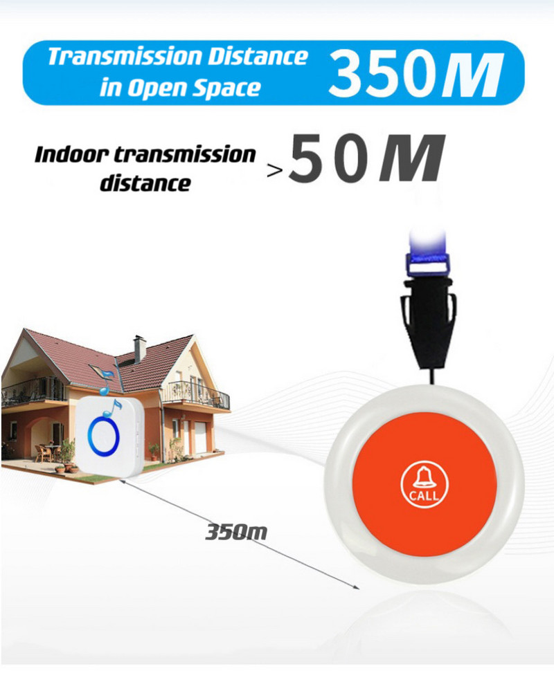 CE nuotolinio valdymo pultelis pagyvenusiems žmonėms belaidžiai slaugyti durų skambučio rinkiniai, atsparūs vandeniui pagyvenusiems vaikams, priežiūros varpeliams, apsaugantiems