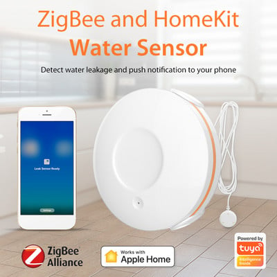 Сензор за теч IP55 Водоустойчив интелигентен детектор за преливане на вода Аларма Zigbee Сензор за вода без батерии за Apple HomeKit