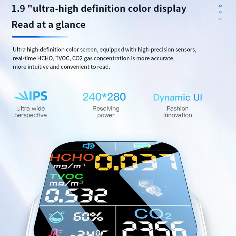 Hcho Tvoc Co2 detektori 1,9 collu pārnēsājami stabili, precīzi, mazs enerģijas patēriņš viedās mājas pusvadītāju sensori, balti jutīgi