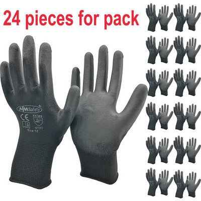 24 бр./12 чифта предпазни работни ръкавици Черни Pu найлонови памучни ръкавици Индустриални защитни работни ръкавици NMSafety Brand Supplier