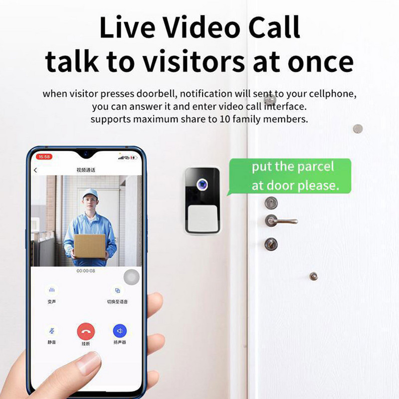 Bezvadu durvju zvans WiFi āra HD kameras drošības durvju zvans nakts redzamības video domofona balss maiņa mājas monitora durvju tālrunim