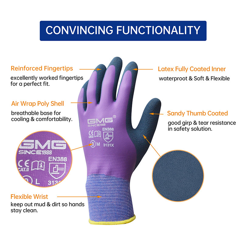 Darbo pirštinės GMG Latex Sandy, vandeniui atsparios, neslystančios, skirtos žvejybai sode, transportavimui, mechaninės pramoninės apsauginės pirštinės moterims