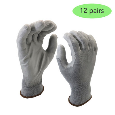 NMSafety 12 pár varrat nélküli kötött fehér nylon bélés bevonatú PU gumi a tenyérre, védő antisztatikus munkavédelmi kesztyű