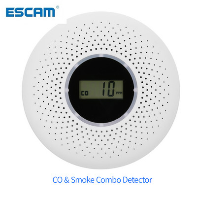 ESCAM 2 в 1 LCD дисплей Комбиниран детектор за въглероден окис и дим Захранван от батерии CO Аларма с LED светлина Мигащ Звук Предупреждение