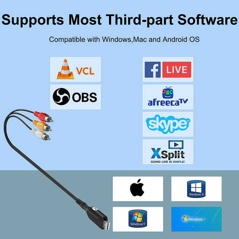 USB 2.0 video tveršanas karte 3RCA uz USB 2.0 audio video uztveršanas adaptera pārveidotājs VHS Box VHS VCR TV atbalsts Win 8.7.10.