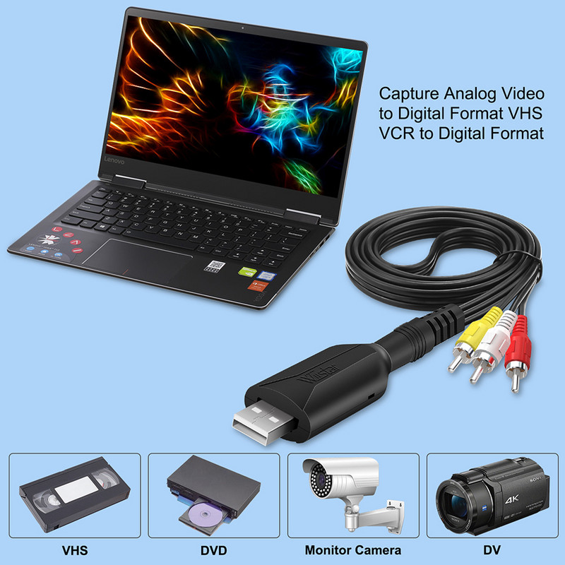 USB video tveršanas karte VHS uz digitālo RCA uz USB 2.0 audio uztveršanas ierīces adaptera pārveidotājs, kas viegli pārslēdzams VCR DVR TV operētājsistēmai Win7/8/10