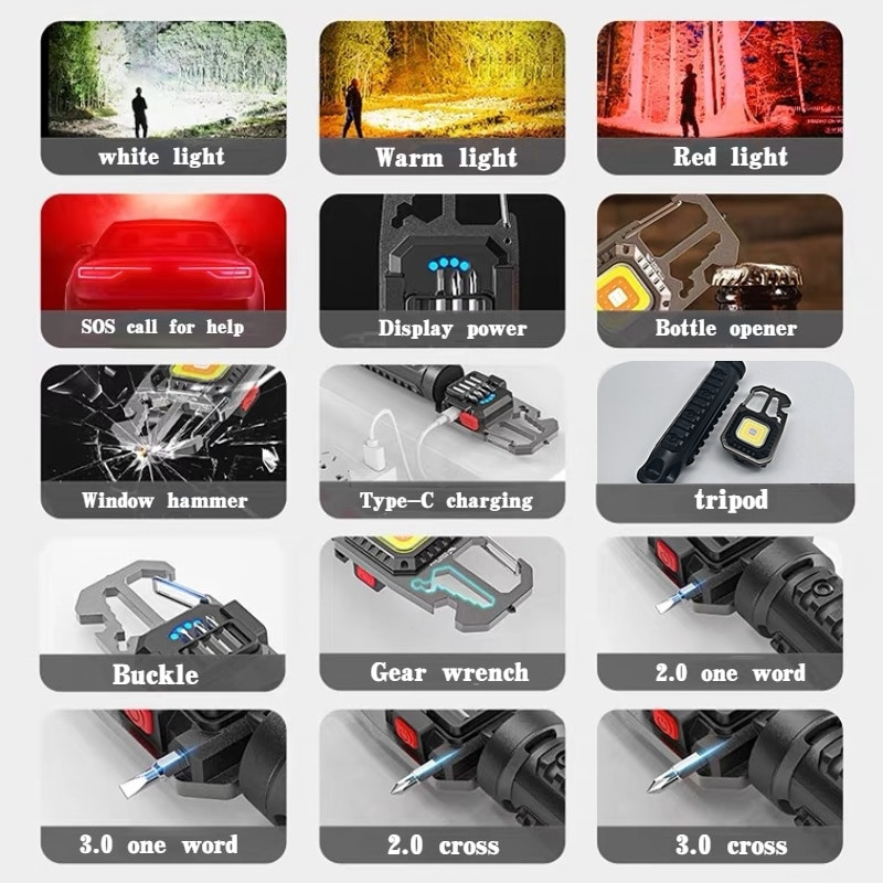 Mini LED zibspuldzes darba gaisma uzlādējama atslēgu piekariņa gaisma āra kempinga gaisma pārnēsājama kabatas uzgriežņu atslēga Skrūvgrieža drošības āķis