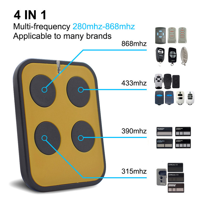 4 vienā Garāžas vārtu tālvadības pults daudzfrekvenču 280–868 MHz atslēgu piekariņa barjera 433 mhz komanda fiksēta ritošā koda kontrolieris 433