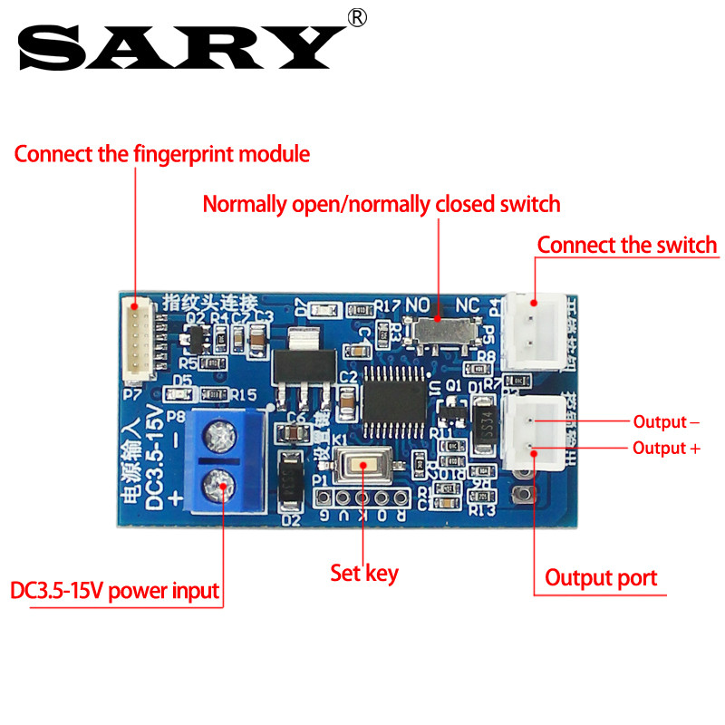 SARY sõrmejälgede juurdepääsukontroll Releeplaat DC12V sõrmejälje kontrollimise moodul DC5V elektrilise luku juhtplaat