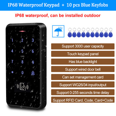 IP68 vandeniui atspari RFID 125KHz autonominė prieigos valdymo klaviatūra su jutiklinio ekrano skydeliu + 10 vnt RFID pultelių