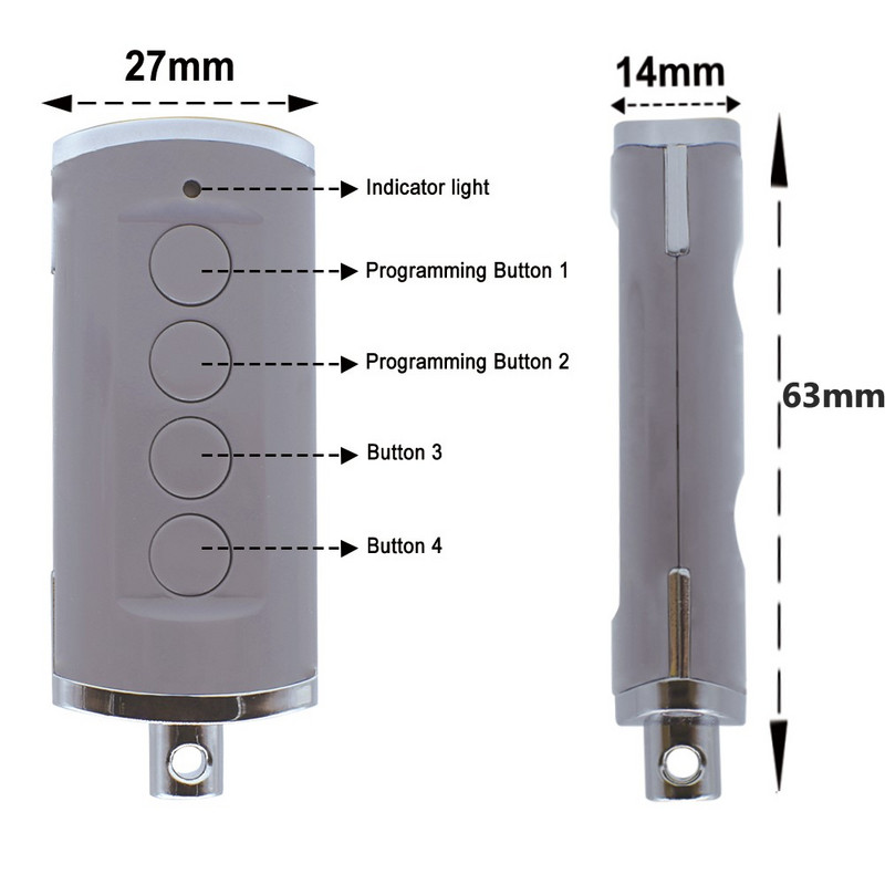 4 vienā Garāžas vārtu tālvadības pults Daudzfrekvences 280–868MHz Taustiņu komanda Fiksētais kods Ritošā koda kontrolieris 433 433,92Mhz