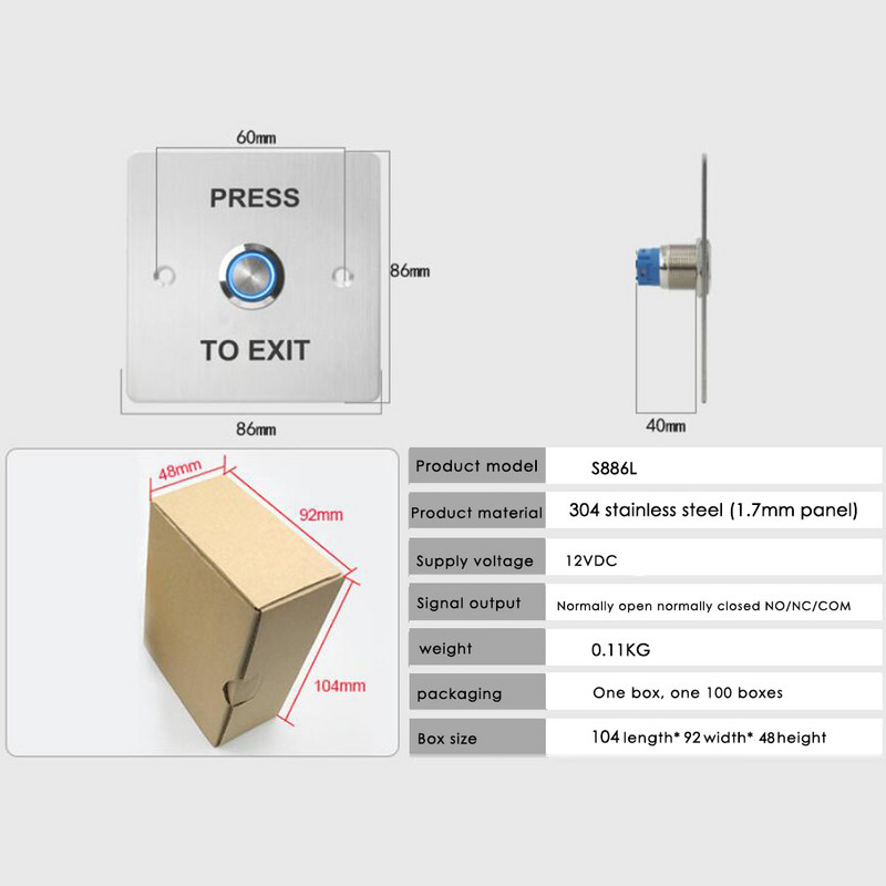 LED nerūsējošā tērauda fona apgaismojuma izejas poga Durvju piekļuves kontroles sistēmas komplekts NC NO COM Durvju bloķēšanas piekļuves kontroles sistēmai