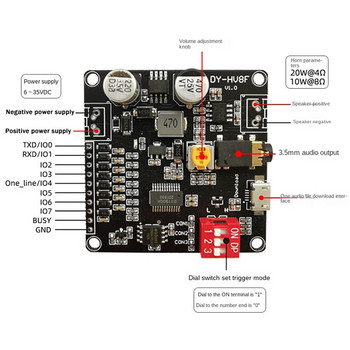 DY-HV8F Модул за възпроизвеждане на глас 12V/24V Trigger Serial Port Control 10W/20W с 8MB флаш памет MP3 плейър за Arduino